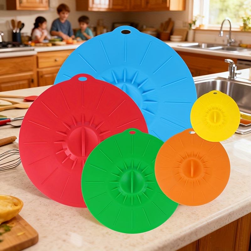 Food Storage With Colander - 5-teiliges Silikon-Deckel-Set, hitzebeständige, spritzwassergeschützte Mikrowellen-Deckel, Silikon-Topfdeckel,